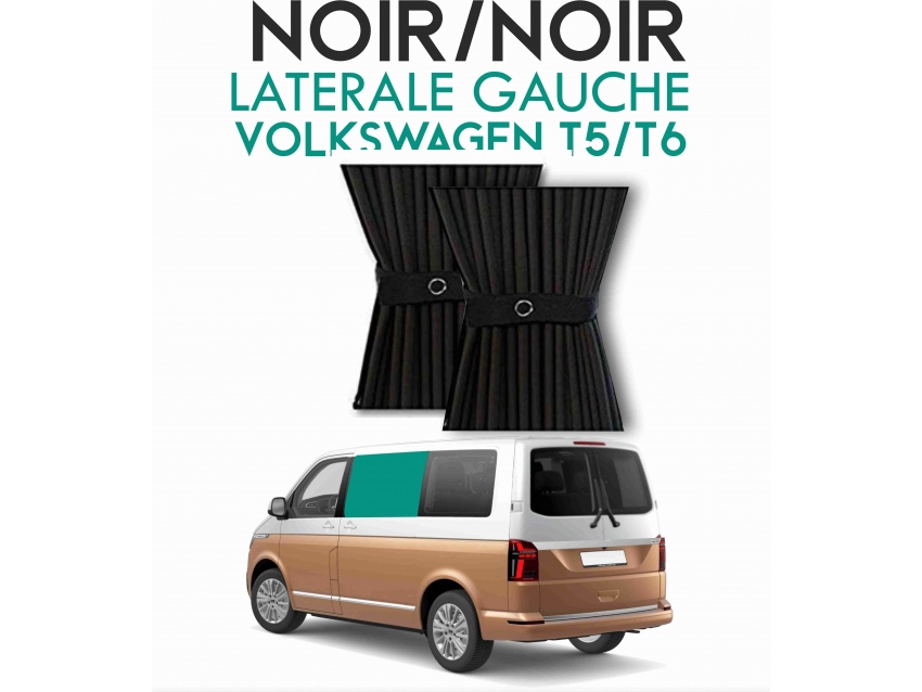 Latérale Gauche. Rideaux occultant blackout noir/noir sur rail pour Volkswagen Transporter T5 T6